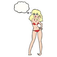 cartoon pretty woman in bikini with thought bubble N8