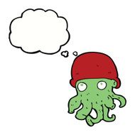 cartoon alien head wearing hat with thought bubble N9