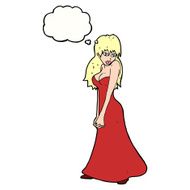 cartoon pretty woman in dress with thought bubble N41