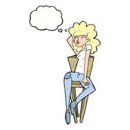 cartoon woman posing on chair with thought bubble N16