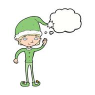 cartoon waving christmas elf with thought bubble N9