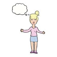 cartoon woman shrugging shoulders with thought bubble N429