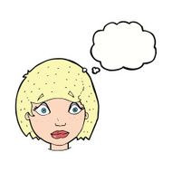 cartoon worried female face with thought bubble N9