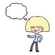 cartoon happy woman pointing with thought bubble N59