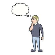 catoon curious man with thought bubble