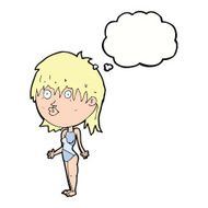 cartoon woman in swimsuit shrugging shoulders with thought bubbl N5