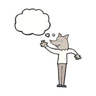 cartoon waving wolf man with thought bubble N5