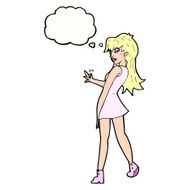 cartoon woman posing in dress with thought bubble N31
