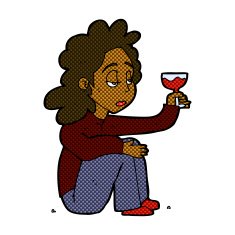 comic cartoon unhappy woman with glass of wine N2