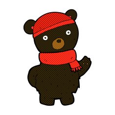 comic cartoon black bear in winter hat and scarf