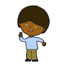 comic cartoon unhappy boy giving peace sign N2