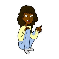 comic cartoon happy woman sitting and pointing N2