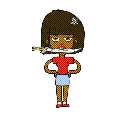 comic cartoon woman with knife between teeth N8