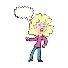 cartoon worried woman pointing with speech bubble N8