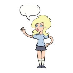 cartoon pretty woman waving for attention with speech bubble N9