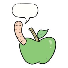cartoon apple with worm speech bubble N41