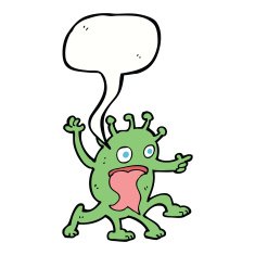 cartoon weird little alien with speech bubble N18