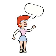 cartoon woman in spectacles waving with speech bubble N9