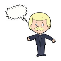cartoon mustache man with open arms speech bubble N9