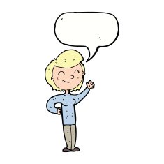 cartoon friendly waving woman with speech bubble N9