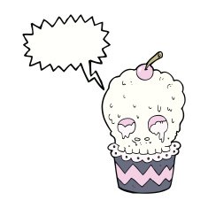 spooky skull cupcake cartoon with speech bubble N9