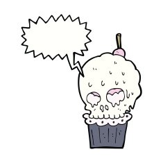cartoon spooky skull cupcake with speech bubble N9