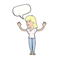 cartoon woman throwing hands in air with speech bubble N9