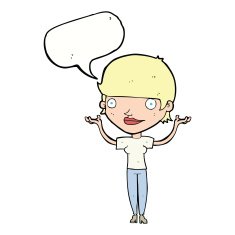 cartoon woman holding arms in air with speech bubble N9
