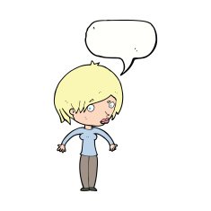 cartoon woman shrugging with speech bubble N50
