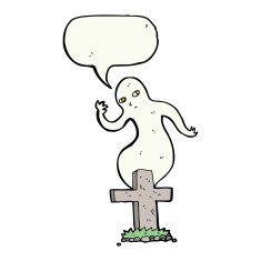 cartoon ghost rising from grave with speech bubble N21