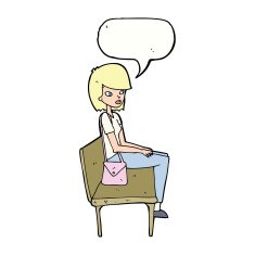 cartoon woman sitting on bench with speech bubble N9