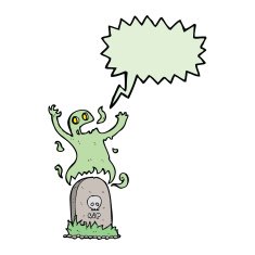 cartoon ghost rising from grave with speech bubble N22