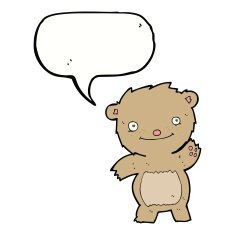 cartoon waving teddy bear with speech bubble