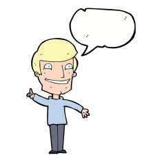 cartoon grinning man with idea speech bubble N9