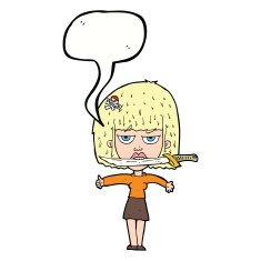 cartoon woman with knife between teeth speech bubble N32