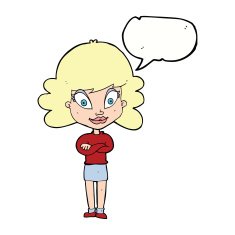 cartoon happy woman with folded arms speech bubble N18