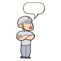 cartoon security guard with speech bubble N8