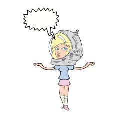 cartoon woman wearing space helmet with speech bubble N17