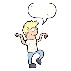cartoon happy man doing funny dance with speech bubble N16