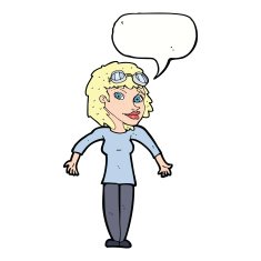 cartoon woman wearing goggles with speech bubble N9