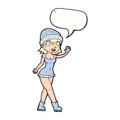 cartoon pretty girl in hat waving with speech bubble N9