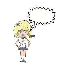 cartoon woman with knife between teeth speech bubble N33