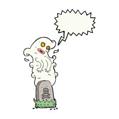 cartoon ghost rising from grave with speech bubble N23