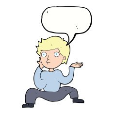cartoon boy doing crazy dance with speech bubble N7