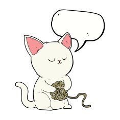 cartoon cat playing with ball of yarn speech bubble