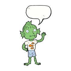 cartoon waving fish boy with speech bubble N9