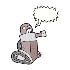cartoon tank robot with speech bubble N9