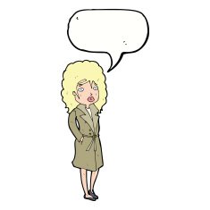 cartoon woman in trench coat with speech bubble N25
