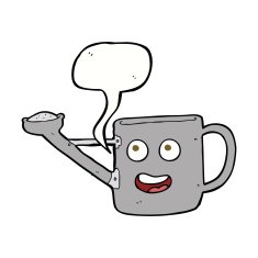 watering can cartoon with speech bubble