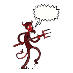 cartoon devil with pitchfork speech bubble N25